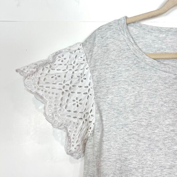 Rebecca Taylor La Vie Top Womens Large Grey Heather White Eyelet Sleeve Crewneck - Picture 5 of 10